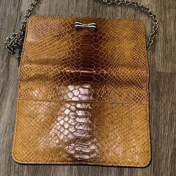 Henri bendel tan snake print embossed leather crossbody shoulder bag with bow
